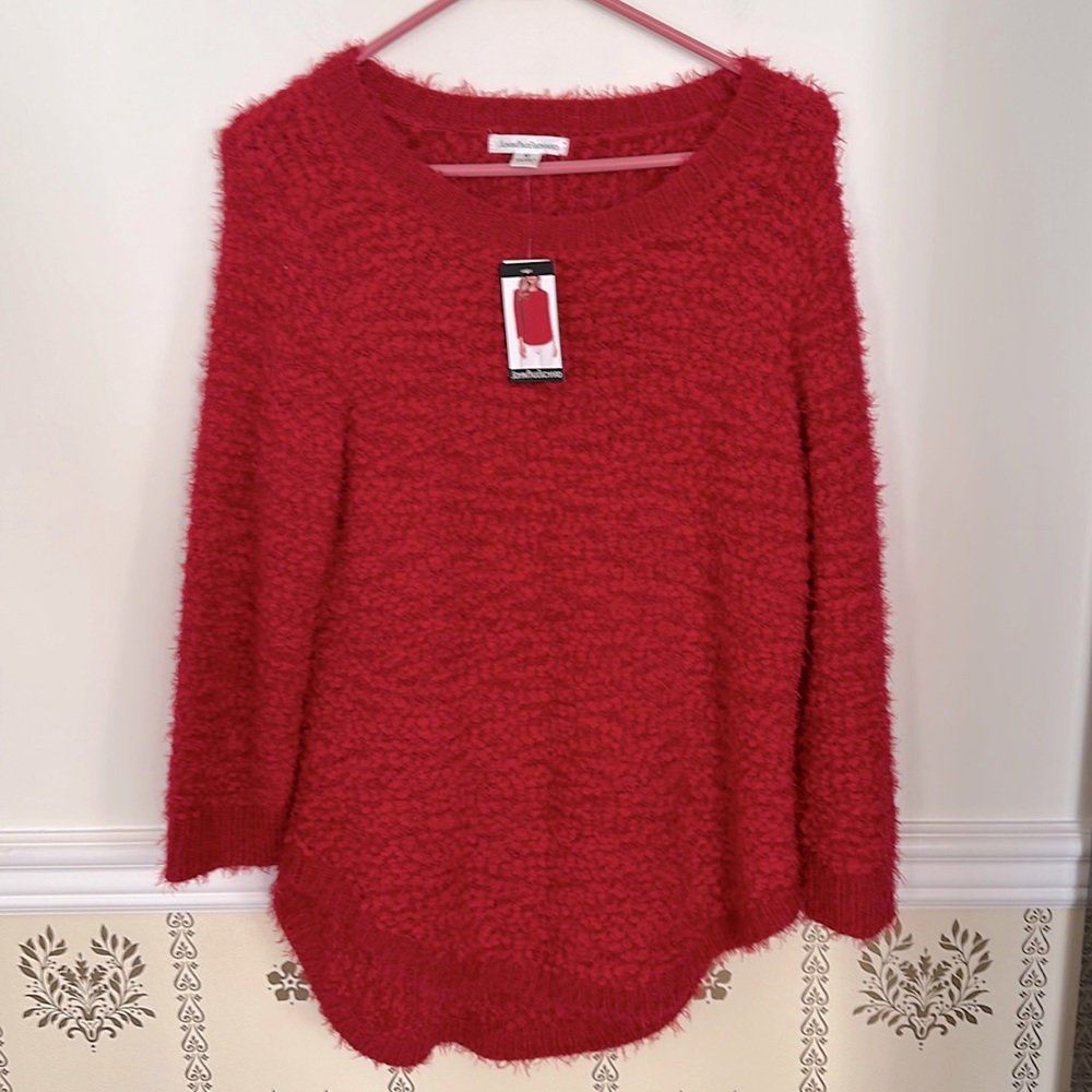 NWT John Paul Richard Red Fuzzy Hi-Lo Sweater M Popcorn Eyelash Knit Pullover